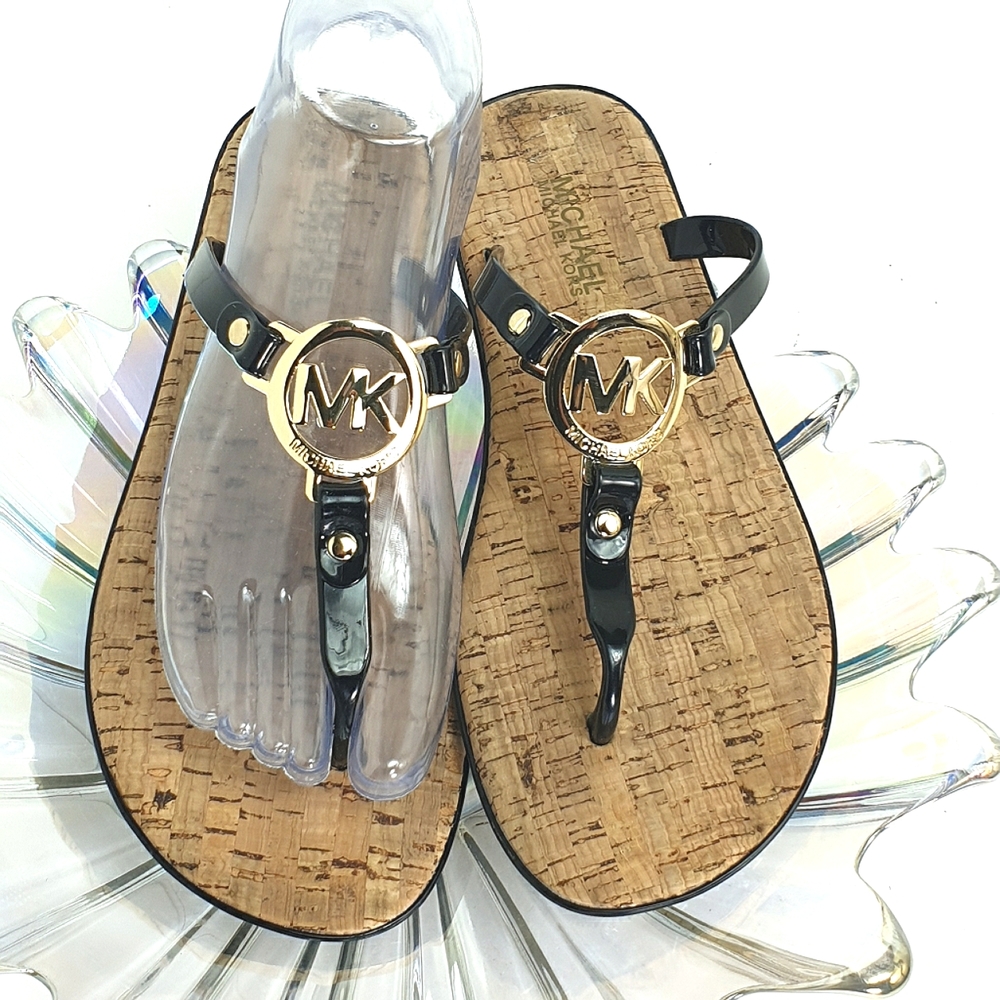 Michael MK jelly flats flip-flops gold tone logo slip-on size 7